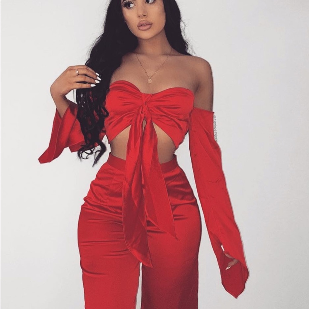 Meshki Red Off-Shoulder Jumpsuit